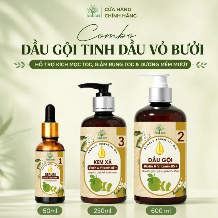 Combo dầu gội, kem xả và serum tinh dầu vỏ bưởi AmeGreen